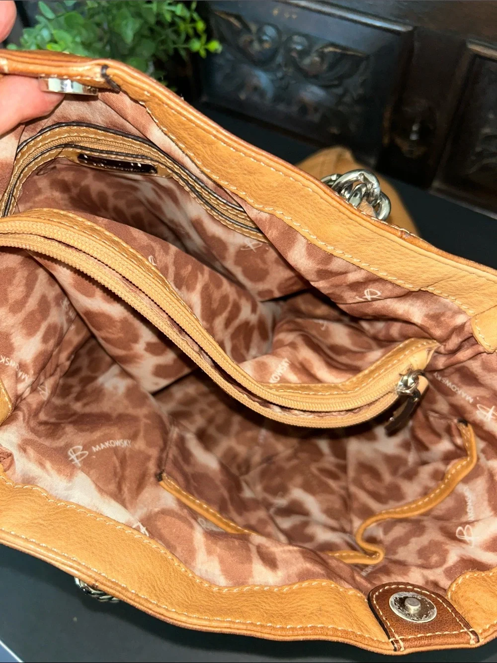 b. makowsky Tan Leather Chain-Accent Shoulder Bag